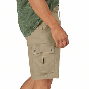 Detailed side view of khaki men's cargo shorts with functional snap button pockets