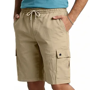 Detail view of men's khaki cargo shorts with elastic drawstring waist and side pockets