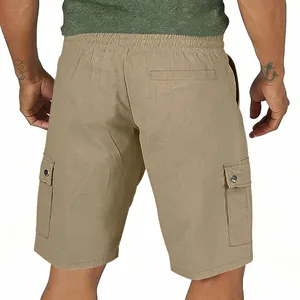 Detailed back view of khaki men's summer cargo shorts featuring multi-pocket design and elastic waist