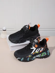Breathable mesh boys' sports shoes with vibrant colorful graffiti patterns and velcro strap