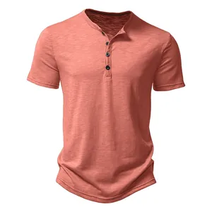 Men Henley Shirt Short Sleeve Button T-Shirt Casual Solid Color Slub Texture Summer Top