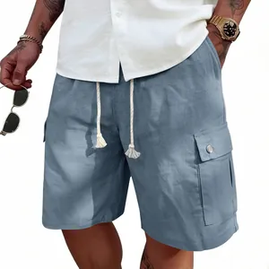 Men's casual blue cargo shorts with drawstring waist and multiple functional pockets