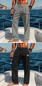 Premium casual men's cotton linen straight leg drawstring trousers in grey and black