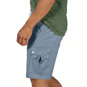 Side view of light blue men's cargo shorts with flap pocket and metal buttons