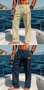 Casual men's cotton linen beach trousers with drawstring waist shown in beige and navy