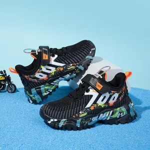 Boys Breathable Mesh Running Shoes Casual Kids Sneakers With Hook and Loop Closure Graffiti Pattern 700 Series Sports Shoes