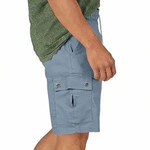 Side detail of men's light blue cargo shorts with pocket and button detail