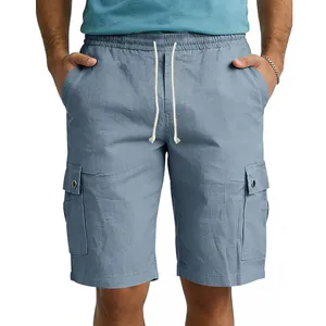 Detail of blue men's cargo shorts with functional side pockets and drawstring.