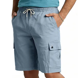 Detail view of men's cargo shorts showing elastic drawstring waist and side pocket.