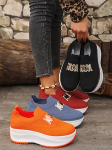 Women's breathable knit platform slip-on sneakers in orange, blue, red, and black