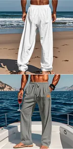 Detailed view of men's lightweight cotton linen beach trousers with drawstring waist