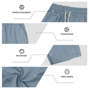 Detailed views of waistband, pockets, and fabric texture on men's drawstring shorts.
