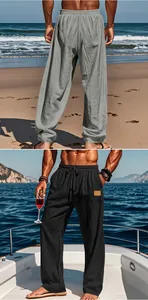 Men's lightweight cotton linen beach trousers with drawstring in grey and black.