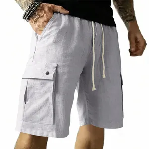 Detail of gray men's cargo shorts with drawstring waist and textured linen-like fabric