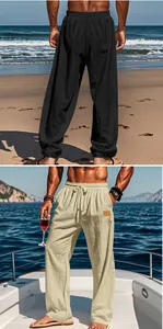 Men's lightweight cotton linen beach trousers with drawstring waist and straight leg