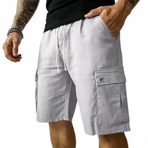 Detailed view of light gray men's cargo shorts featuring functional side flap pockets