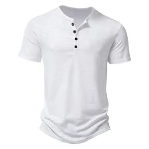 White short-sleeved Henley shirt with four black buttons, featuring a unique slub texture.