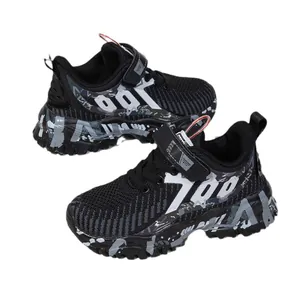 Boys' breathable black mesh sneakers with camouflage pattern soles and Velcro straps