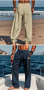 Detailed look at men's loose cotton linen drawstring beach pants in two colors