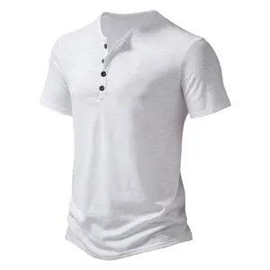 Close-up view of a men's white short-sleeved Henley shirt featuring a four-button neckline detail