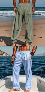Close-up detail of men's casual drawstring cotton linen pants in beach and yacht settings