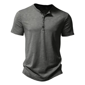 Detail of men's short-sleeve Henley T-shirt in textured grey fabric with three buttons