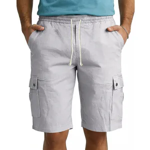 Detailed view of light grey men's slim fit cargo shorts with drawstring waist and flap pockets