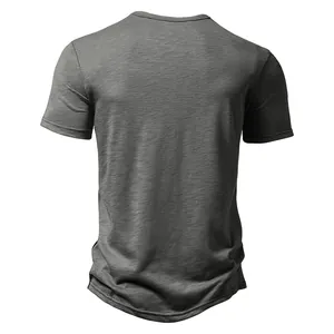 Back view of a dark grey men's short-sleeved Henley T-shirt featuring slub cotton texture