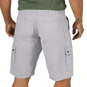 Back view detail of grey slim fit cargo shorts with multiple functional pockets.