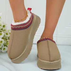 Gros plan sur les pantoufles compensées en daim beige avec fourrure et broderie