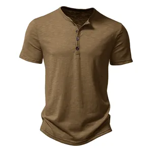Detailed view of a brown men's short-sleeved Henley shirt showing button placket and slub fabric.