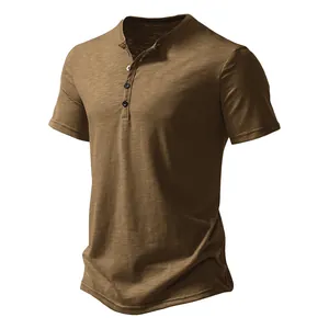 Detailed view of the textured fabric and button placket of a men's brown Henley shirt.