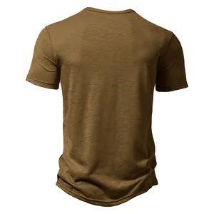 Back view of men's casual brown short-sleeve T-shirt with slub fabric texture detail