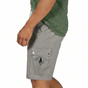 Detail shot of grey casual cargo shorts featuring a side pocket with metal buttons