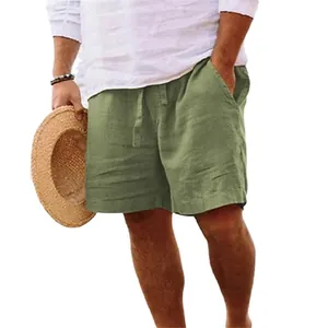 Short décontracté en coton et lin vert sauge pour homme avec cordon de serrage été