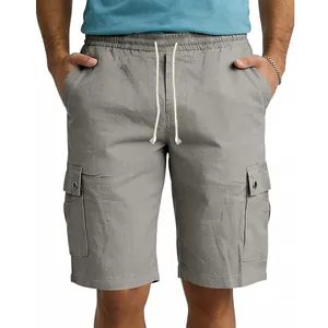 Detailed front view of men's casual grey cargo shorts with drawstring and side pocket features
