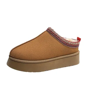 Chaussons bottes de neige à plateforme marron avec doublure polaire et bordure tressée