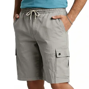 Detail view of men's casual gray cargo shorts featuring multi-pockets and drawstring waist.