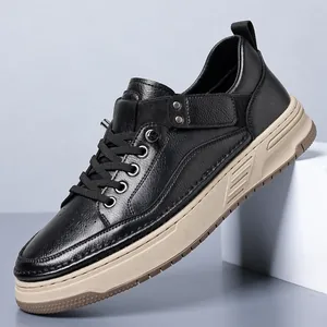 Zapatos de Cuero Casuales para Hombre Otoño Transpirable Antideslizante Cordones Bajos Zapatos de Skate Moda Cuero Reciclado Suela de Goma