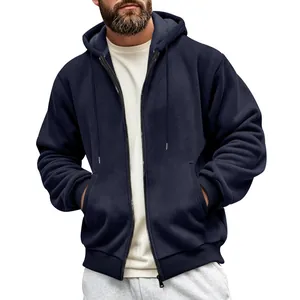 Close-up of navy blue heavy-weight zip-up hoodie showing honeycomb fabric texture