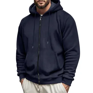 Detailed texture of heavy navy blue zip-up hoodie with mesh finish and fleece lining.