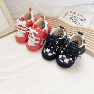 Japanese style soft-sole baby walking shoes featuring heart and checkerboard patterns