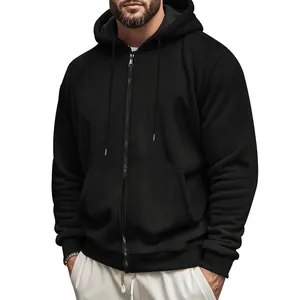 Close-up of a men's heavyweight black zip-up hoodie featuring a textured fleece.