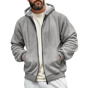 Close-up of a grey heavyweight zip-up hoodie with a textured composite fleece finish