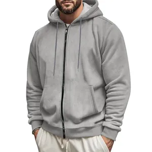 Detailed view of gray heavyweight fleece zip-up hoodie showing waffle knit texture