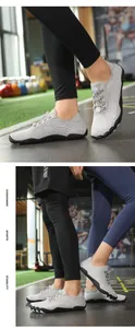 Detailed view of gray quick-dry aqua shoes worn by models in a professional gym environment.