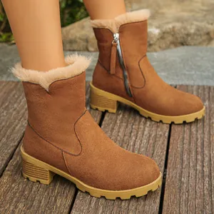 Brown suede winter snow boots for women featuring warm fur lining and a side zipper