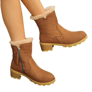 Women's brown faux suede fur-lined snow boots with side zipper and mid-heel for winter