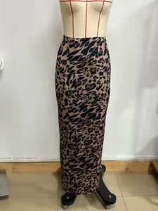 Detailed display of a leopard print high-waisted maxi skirt with a floor-length slim fit design