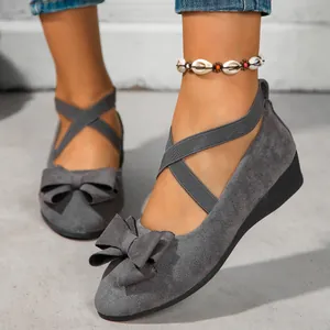 Women's Bowknot Wedge Loafers Faux Suede Casual Slip-On Single Shoes With Cross Elastic Straps Plus Size Flat Shoes